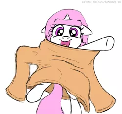 Size: 501x469 | Tagged: safe, artist:banebuster, derpibooru import, princess celestia, pony, series:tiny tia, cewestia, clothes, cute, cutelestia, female, filly, floppy ears, image, jpeg, open mouth, oversized clothes, pink-mane celestia, shirt, simple background, solo, white background, younger