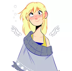 Size: 2512x2480 | Tagged: safe, artist:syrupyyy, derpibooru import, derpy hooves, human, alternate hairstyle, blushing, bra, bra strap, clothes, cute, derp, derpabetes, female, floating wings, humanized, image, png, simple background, solo, sweater, underwear, white background, winged humanization, wings