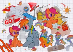 Size: 1754x1240 | Tagged: safe, artist:poneko-chan, derpibooru import, rainbow dash, scootaloo, pegasus, pony, bandaid, cute, cutealoo, dashabetes, female, filly, image, jpeg, mare, paper airplane, rocket, scooter