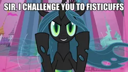 Size: 900x506 | Tagged: safe, derpibooru import, edit, edited screencap, screencap, queen chrysalis, changeling, changeling queen, a canterlot wedding, animation error, caption, evil grin, female, grin, image, image macro, numbers, png, raised hoof, raised hooves, smiling, smiling at you, solo, text