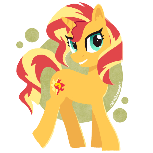 Size: 1200x1200 | Tagged: safe, artist:catachromatic, derpibooru import, sunset shimmer, pony, unicorn, abstract background, colored, cute, derpibooru exclusive, female, flat colors, happy, image, mare, png, shimmerbetes, smiling, solo