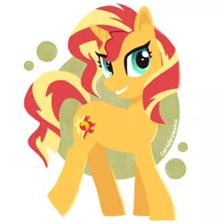 Size: 1200x1200 | Tagged: safe, artist:catachromatic, derpibooru import, sunset shimmer, pony, unicorn, abstract background, colored, cute, derpibooru exclusive, female, flat colors, happy, image, mare, png, shimmerbetes, smiling, solo