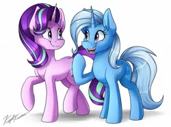 Size: 1280x951 | Tagged: safe, artist:kaylerustone, derpibooru import, starlight glimmer, trixie, pony, unicorn, duo, image, jpeg, looking at each other, open mouth, raised hoof, simple background, white background