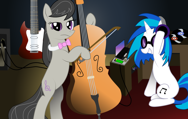 Size: 3411x2168 | Tagged: safe, alternate version, artist:almaustral, derpibooru import, octavia melody, vinyl scratch, earth pony, pony, unicorn, cello, duo, female, image, mare, musical instrument, png, sunglasses