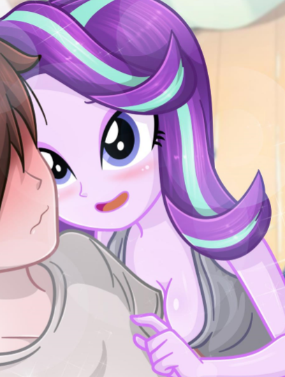 Size: 408x540 | Tagged: suggestive, artist:charliexe, derpibooru import, starlight glimmer, oc, oc:generic messy hair anime anon, human, equestria girls, bedroom eyes, blushing, breasts, canon x oc, cleavage, faceless male, image, lidded eyes, looking up, male, messy hair, offscreen character, open mouth, png