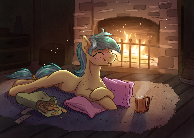 Size: 3156x2251 | Tagged: safe, artist:helmie-art, derpibooru import, oc, oc:karoline skies, unofficial characters only, earth pony, pony, bag, cookie, cozy, cute, digital, ear fluff, eyes closed, female, fire, fireplace, food, image, jpeg, lying down, mare, mug, saddle bag, smiling, solo, warm