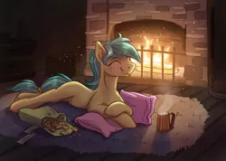 Size: 3156x2251 | Tagged: safe, artist:helmie-art, derpibooru import, oc, oc:karoline skies, unofficial characters only, earth pony, pony, bag, cookie, cozy, cute, digital, ear fluff, eyes closed, female, fire, fireplace, food, image, jpeg, lying down, mare, mug, saddle bag, smiling, solo, warm