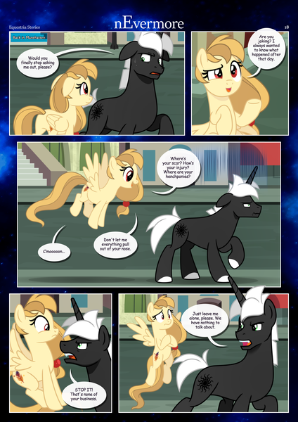 Size: 3259x4607 | Tagged: safe, artist:estories, derpibooru import, oc, oc:alice goldenfeather, oc:möbius, unofficial characters only, pegasus, pony, unicorn, comic:nevermore, comic, horn, image, pegasus oc, png, speech bubble, unicorn oc, wings