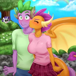 Size: 3000x3000 | Tagged: safe, artist:kaikururu, derpibooru import, rarity, smolder, spike, anthro, dragon, pony, unicorn, big breasts, binoculars, blood, blushing, breasts, bush, busty smolder, digital art, dragoness, eyebrows, eyelashes, eyes closed, female, image, kissing, male, mare, nosebleed, png, shipping, smiling, spolder, spying, straight, surprise kiss, tail, tree, wings