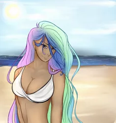 Size: 1140x1210 | Tagged: suggestive, artist:sombershadows, derpibooru import, princess celestia, human, beach, bikini, breasts, busty princess celestia, cleavage, clothes, digital art, female, humanized, image, jpeg, solo, swimsuit