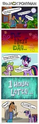 Size: 500x1565 | Tagged: safe, artist:dan232323, artist:rarityvrymerzhmusic, derpibooru import, spike, twilight sparkle, twilight sparkle (alicorn), alicorn, anthro, dog, dragon, horse, pony, absurd resolution, bojack horseman, broken alarm, comic, crossover, engrish, image, jpeg, mr. peanutbutter, restraining order, spongebob squarepants, spongebob time card, the krusty slammer