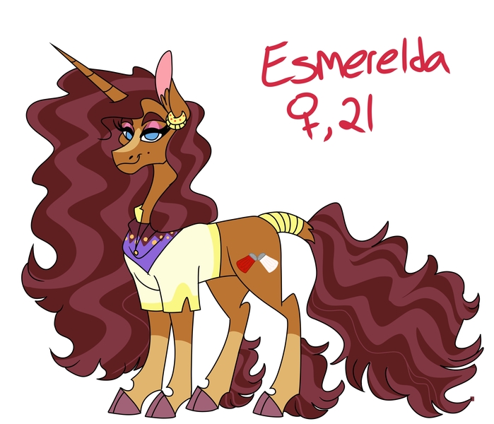 Size: 3239x2780 | Tagged: safe, artist:dodiejinx, derpibooru import, oc, oc:esmeralda, unofficial characters only, classical unicorn, pony, unicorn, clothes, cloven hooves, female, image, jpeg, leonine tail, mare, offspring, parent:hoo'far, parent:saffron masala, parents:saf'far, shirt, simple background, solo, unshorn fetlocks, white background