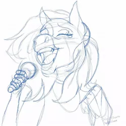 Size: 1080x1080 | Tagged: safe, artist:stargazerseven, derpibooru import, oc, oc:starfall, unofficial characters only, anthro, earth pony, bust, earth pony oc, eyes closed, image, jpeg, lineart, microphone, monochrome, signature, singing, solo