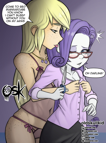 Size: 1108x1490 | Tagged: suggestive, artist:oldskullkid, derpibooru import, applejack, rarity, equestria girls, blushing, body freckles, breasts, bushy brows, clothes, darling, ear licking, female, freckles, glasses, grammar error, grope, image, jpeg, lesbian, licking, licking ear, missing accessory, misspelling, one eye closed, panties, rarijack, rarity's glasses, scissors, see-through, shipping, sugarcube, thong, tongue out, underwear, undressing
