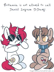 Size: 900x1200 | Tagged: safe, artist:hawthornss, derpibooru import, oc, oc:britannia, oc:daniel ingram, ponified, unofficial characters only, pony, unicorn, things britannia is not allowed to do, b.u.c.k., b.u.c.k. 2016, clothes, daniel ingram, duo, female, image, male, mare, mascot, no pupils, png, scarf, simple background, stallion, striped scarf, sunglasses, white background
