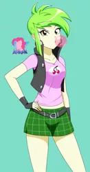 Size: 2234x4248 | Tagged: safe, artist:danmakuman, derpibooru import, cherry crash, equestria girls, belt, blowing bubbles, bubblegum, clothes, ear piercing, earring, female, fingerless gloves, food, gloves, gum, hand on hip, image, jewelry, legs, looking at you, miniskirt, piercing, png, simple background, skirt, solo, thighs, vest