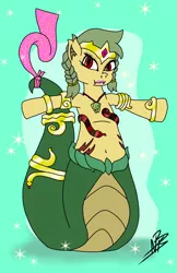 Size: 1200x1848 | Tagged: safe, alternate version, artist:shappy the lamia, derpibooru import, oc, oc:shappy, earth pony, genie, hybrid, lamia, original species, pony, arabian pony, arabic, beautiful, belly button, belly dance, belly dancer, belly dancer outfit, bracelet, braid, clothes, cute, dancer, dancing, diamond, eye contact, fangs, front view, gem, gold, green mane, hips, image, jewelry, knot, lips, lipstick, looking at each other, necklace, pigtails, png, red eyes, scales, shantae, shiny, short mane, skirt, slit eyes, snake eyes, snake tail, solo, tiara, yellow