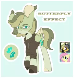 Size: 1280x1340 | Tagged: safe, artist:just-evs, derpibooru import, daring do, fluttershy, oc, oc:butterfly effect, pegasus, pony, blue background, clothes, daringshy, female, hoodie, image, jpeg, lesbian, magical lesbian spawn, offspring, outline, parent:daring do, parent:fluttershy, parents:daringshy, screencap reference, shipping, simple background, solo