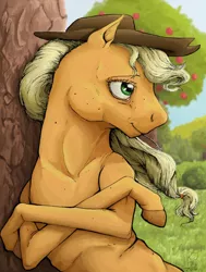 Size: 1024x1354 | Tagged: safe, artist:rachelmacready, derpibooru import, applejack, earth pony, pony, apple, apple tree, food, hat, image, jpeg, mixed media, straw in mouth, sweet apple acres, tree