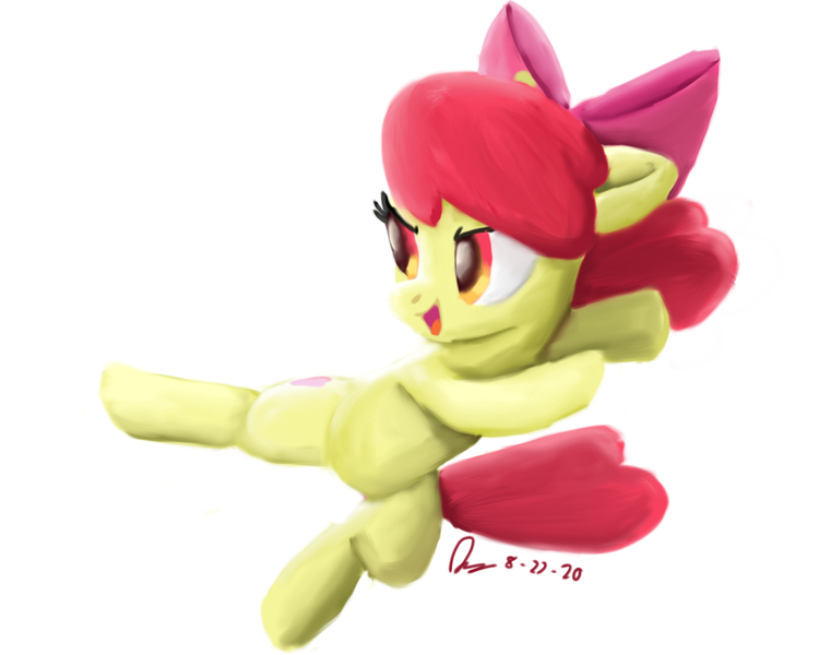 Size: 1280x1024 | Tagged: safe, artist:raphaeldavid, derpibooru import, apple bloom, earth pony, pony, bow, hair bow, image, jump kick, kick, png, smiling, solo