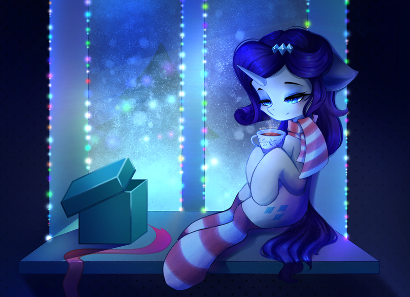 Size: 2518x1822 | Tagged: safe, artist:tatar.sauce, derpibooru import, rarity, pony, unicorn, christmas, christmas tree, clothes, holiday, image, jpeg, socks, solo, striped socks, tree, window