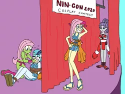 Size: 1510x1130 | Tagged: safe, artist:bugssonicx, derpibooru import, fluttershy, maud pie, pinkie pie, sonata dusk, equestria girls, armpits, bondage, brightly colored ninjas, chloroform, clothes, cosplay, costume, crossed arms, curtains, disguise, grin, image, kimono minidress, kunoichi, mai shiranui, nami, ninja, one piece, png, rope, sandals, smiling, stage, tied up, wig