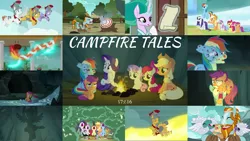 Size: 1978x1113 | Tagged: safe, derpibooru import, edit, edited screencap, editor:quoterific, screencap, albus, apple bloom, applejack, flash magnus, iron eagle, mistmane, rainbow dash, rarity, rockhoof, scootaloo, sun cross, sweetie belle, earth pony, pegasus, pony, unicorn, campfire tales, cutie mark crusaders, eyes closed, glowing horn, horn, image, magic, magic aura, nose in the air, open mouth, png, screaming