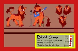 Size: 5000x3323 | Tagged: safe, artist:dirtpecker, derpibooru import, kirin oc, oc, oc:blood orange, kirin, vampire, vampony, description is artwork too, djent face, dreadlocks, fangs, grumpy face, guitar, image, licking, licking lips, male, microphone, musical instrument, png, reference sheet, sitting incorrectly, tongue out