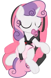 Size: 1300x2000 | Tagged: suggestive, artist:nitei, derpibooru import, sweetie belle, pony, unicorn, car seat, cute, diaper, diaper fetish, diasweetes, eyes closed, fetish, image, pacifier, png, simple background, sleeping, solo, transparent background
