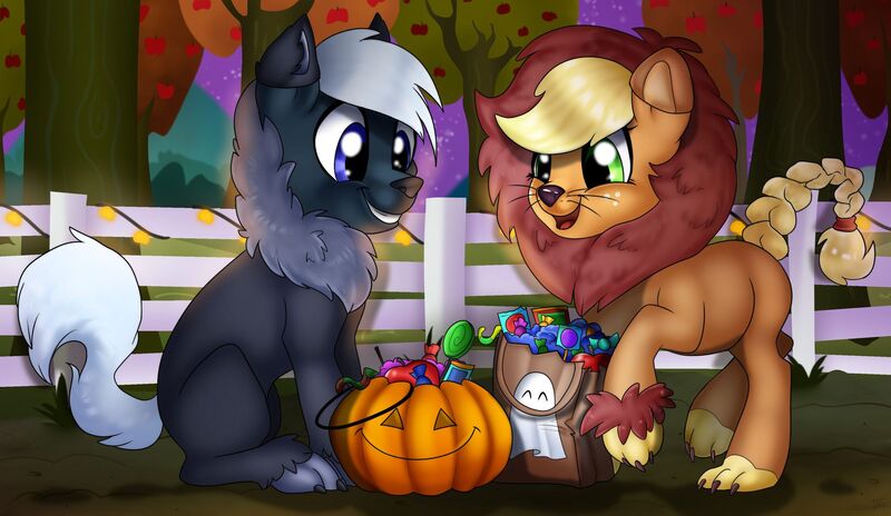 Size: 2048x1188 | Tagged: safe, artist:ali-selle, derpibooru import, applejack, oc, oc:dragon, earth pony, pony, animal costume, apple, apple tree, applelion, candy, canon x oc, clothes, costume, dragojack, female, fence, food, halloween, holiday, image, jpeg, male, nightmare night, pumpkin, shipping, smiling, straight, sweets, tree