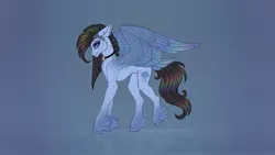 Size: 1600x900 | Tagged: safe, artist:blitsazalisdash, derpibooru import, rainbow dash, pegasus, pony, collar, female, g5 concept leak style, g5 concept leaks, hooves, image, jpeg, mare, rainbow dash (g5 concept leak), raised hoof, redesign, simple background, smiling, solo, spread wings, wings