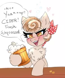 Size: 2132x2544 | Tagged: safe, artist:confetticakez, derpibooru import, oc, oc:cinnamon spangled, earth pony, pony, bandana, blushing, chest fluff, cider, cider mug, dialogue, drunk, female, image, mare, mug, png, slurred speech, solo