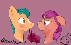 Size: 1624x1024 | Tagged: safe, artist:happydays0602, derpibooru import, hitch trailblazer, sunny starscout, earth pony, pony, blushing, female, floppy ears, g5, heart, image, looking at each other, male, mare, pink background, png, shipping, signature, simple background, stallion, straight, sunnyhitch