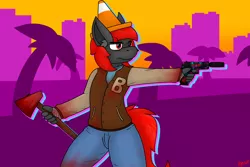 Size: 3000x2000 | Tagged: safe, artist:ryanthecone, derpibooru import, oc, oc:ryanthecone, unofficial characters only, anthro, earth pony, 80s, axe, blood, clothes, glock, gun, handgun, hotline miami, image, jacket, miami, pistol, png, sunset, suppressor, traffic cone, weapon