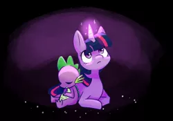 Size: 2100x1467 | Tagged: safe, artist:inkstones, derpibooru import, spike, twilight sparkle, dragon, pony, unicorn, black background, cute, duo, eyes closed, female, glowing horn, horn, image, jpeg, lying down, male, mare, prone, simple background, sitting, spikabetes, twiabetes, unicorn twilight