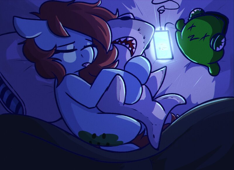 Size: 2300x1680 | Tagged: safe, derpibooru import, oc, unofficial characters only, blanket, cutie mark, headphones, image, jpeg, phone, pillow, plushie, red mane, red tail, sleeping, toy