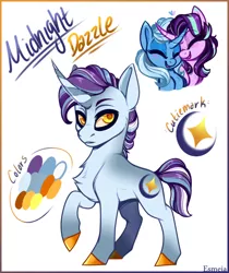 Size: 700x833 | Tagged: safe, artist:esmeia, derpibooru import, starlight glimmer, trixie, oc, oc:midnight dazzle, female, image, lesbian, magical lesbian spawn, male, offspring, parent:starlight glimmer, parent:trixie, parents:startrix, png, shipping, startrix