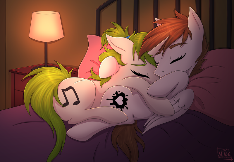 Size: 4457x3075 | Tagged: safe, artist:alicetriestodraw, derpibooru import, oc, oc:bumpy beatz, oc:cough drop, pegasus, pony, unicorn, bed, cuddling, image, laying on bed, lying down, on bed, png, sleeping