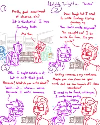 Size: 4779x6013 | Tagged: safe, artist:adorkabletwilightandfriends, derpibooru import, minuette, peppermint goldylinks, twilight sparkle, twilight sparkle (alicorn), oc, oc:lawrence, alicorn, earth pony, pony, comic:adorkable twilight and friends, fanfic, adorkable, adorkable twilight, blushing, bonding, book, bookshelf, butt, comic, cute, dork, embarrassed, friendship, friendship student, funny, glasses, glowing horn, horn, humor, image, indoors, library, magic, necktie, nervous, plot, png, silly, slice of life, smut, sweat, sweating profusely, telekinesis