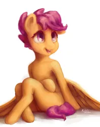 Size: 997x1266 | Tagged: safe, artist:mrstrats, derpibooru import, scootaloo, pegasus, semi-anthro, crossed legs, featureless crotch, image, looking up, png, simple background, sitting, smiling, solo, white background