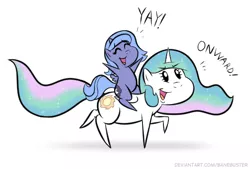 Size: 537x363 | Tagged: safe, artist:banebuster, derpibooru import, princess celestia, princess luna, alicorn, pony, series:tiny tia, cewestia, cute, cutelestia, eyes closed, female, filly, filly luna, image, jpeg, luna riding celestia, lunabetes, open mouth, pointy ponies, ponies riding ponies, pony ride, riding, royal sisters, s1 luna, siblings, simple background, sisters, white background, woona, younger