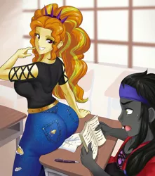 Size: 840x951 | Tagged: suggestive, artist:thebrokencog, derpibooru import, adagio dazzle, oc, oc:midnight radiance (sixpathspony), equestria girls, adagiance, adagio dat-azzle, ass, bedroom eyes, breasts, busty adagio dazzle, butt, canon x oc, classroom, clothes, desk, female, image, jeans, jpeg, lidded eyes, looking back, looking over shoulder, male, pants, pen, ripped jeans, ripped pants, stupid sexy adagio dazzle, sweat, sweatdrop, torn clothes