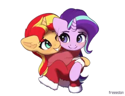 Size: 2600x2000 | Tagged: safe, artist:freeedon, derpibooru import, starlight glimmer, sunset shimmer, pony, unicorn, blushing, bust, christmas, clothes, coat, cute, ear fluff, female, glimmerbetes, high res, holiday, hug, image, lesbian, looking at each other, one eye closed, png, scarf, shared clothing, shared scarf, shimmerbetes, shimmerglimmer, shipping, simple background, smiling, sweater, transparent background, wink