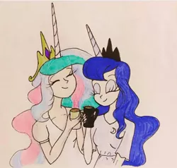 Size: 540x515 | Tagged: safe, artist:lunaart, derpibooru import, princess celestia, princess luna, alicorn, human, alicorn humanization, clothes, coffee, crown, cute, cutelestia, eyes closed, female, horn, horned humanization, humanized, image, jewelry, jpeg, lunabetes, regalia, royal sisters, siblings, sisters, smiling, traditional art, winged humanization, wings