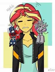 Size: 1280x1680 | Tagged: safe, artist:elioo, derpibooru import, sunset shimmer, equestria girls, angelic wings, autobot, clothes, crossover, cybertronian, decepticon, demon tail, demon wings, devil horns, devil tail, eyebrows, eyes closed, halo, horns, image, jacket, jpeg, megatron, multicolored hair, optimus prime, shoulder angel, shoulder devil, sweat, tail, text, transformers, transformers prime, wings
