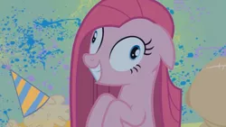 Size: 1366x768 | Tagged: safe, derpibooru import, screencap, pinkie pie, pony, party of one, bipedal, contemplating insanity, crazy face, cross-eyed, derp, faic, female, floppy ears, hat, image, losing my mind, mare, party hat, pinkamena diane pie, png, solo