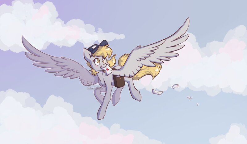 Size: 1200x702 | Tagged: safe, artist:beantoebean, artist:spetu, derpibooru import, derpy hooves, pegasus, pony, bag, cloud, female, flying, image, jpeg, mail, mouth hold, saddle bag, solo