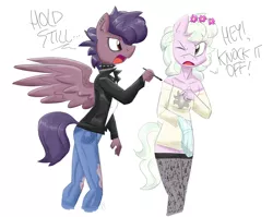 Size: 3900x3100 | Tagged: safe, artist:flutterthrash, derpibooru import, oc, oc:blindside, oc:loveshy, anthro, earth pony, pegasus, choker, clothes, collar, eyeliner, femboy, floral head wreath, flower, image, jacket, jeans, leather jacket, leggings, loose fitting clothes, makeup, male, pants, pastel goth, png, punk, ripped jeans, ripped pants, socks, spiked choker, spiked collar, stockings, thigh highs, torn clothes