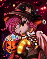 Size: 2550x3209 | Tagged: safe, artist:pridark, derpibooru import, part of a set, oc, oc:velvet silverwing, unofficial characters only, bat pony, pony, candy, clothes, commission, food, halloween, hat, holiday, image, png, socks, solo, striped socks, witch hat, ych result