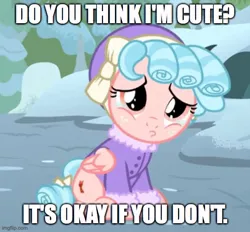Size: 539x500 | Tagged: safe, derpibooru import, edit, edited screencap, screencap, cozy glow, pegasus, pony, frenemies (episode), caption, clothes, cozybetes, cute, female, filly, foal, image, image macro, imgflip, jpeg, solo, text, winter outfit